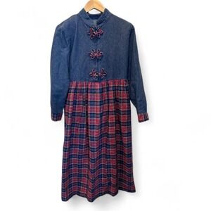 Vintage Denim Plaid Long Sleeve Cotton Dress Size 6 Made in USA Holidays Festive